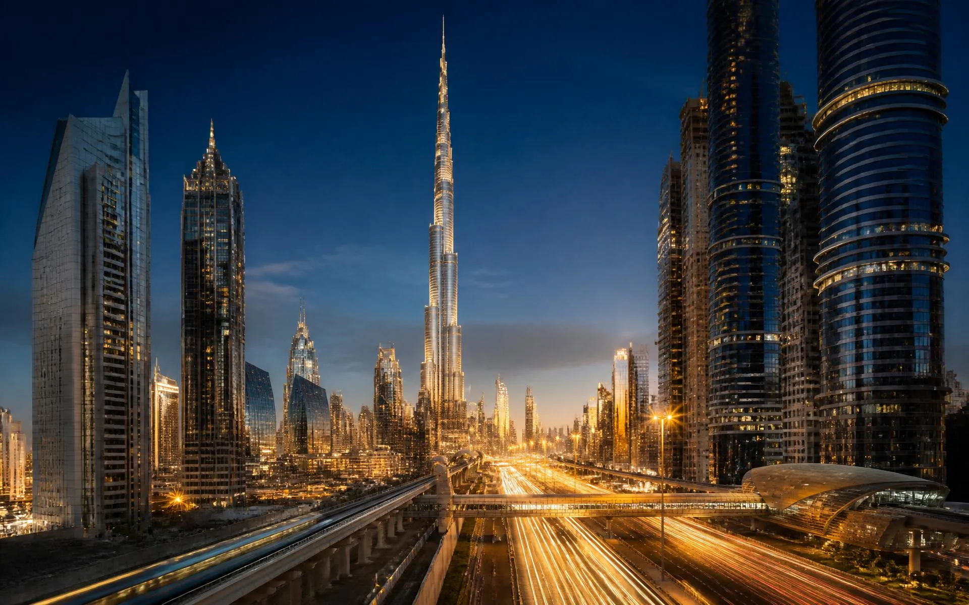 Downtown Dubai at blue hour with Burj Khalifa rising above Sheikh Zayed Road