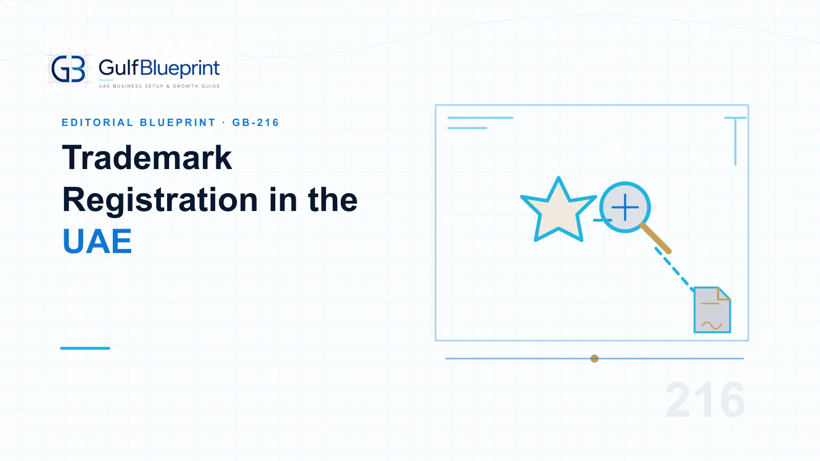 Blueprint illustration of a UAE trademark moving from conflict search to registration certificate.